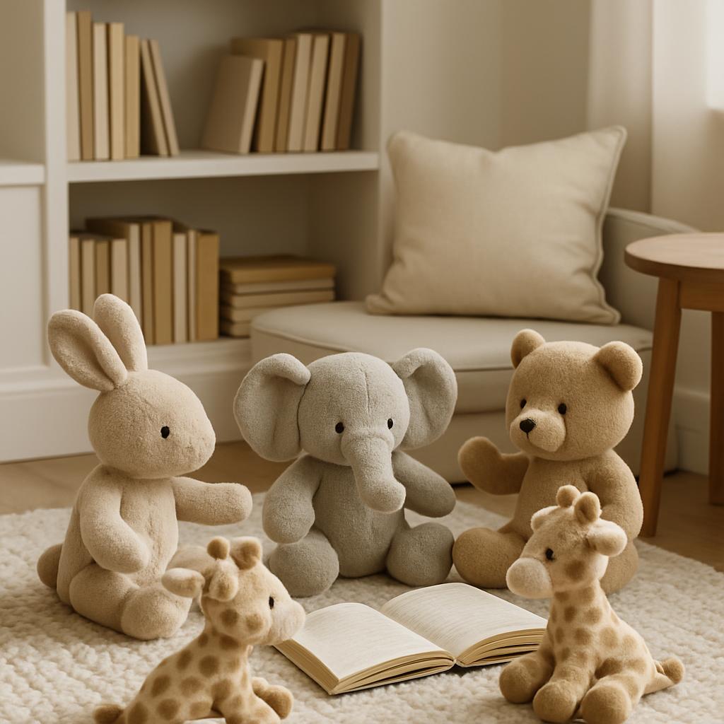 A group of stuffed animals, including a bunny, elephant, teddy bear, giraffe, and another giraffe, gathered around an open...